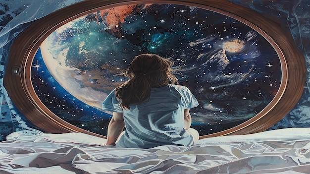 Una chica renderizada en 3D está sentada en una cama mirando por una ventana, soñando con una vista del espacio.