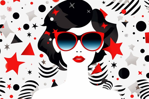 Chica retro con gafas de sol y estrellas en un fondo blanco Ilustración vectorial