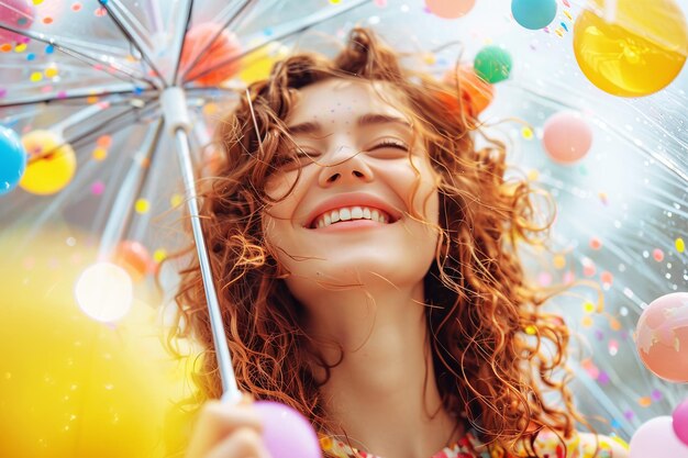 Foto chica riendo bajo un paraguas transparente en el que las bolas de colores caen en lugar de lluvia estilo de vida