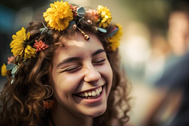 Chica riendo y sonriendo con flores en el pelo y en la cara