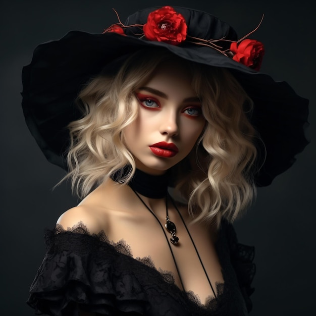 Chica rizada de belleza patética con aretes rojos y rosa en sombrero negro en pose elegante