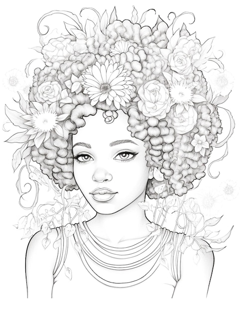 Chica con rizos y flores en el cabello