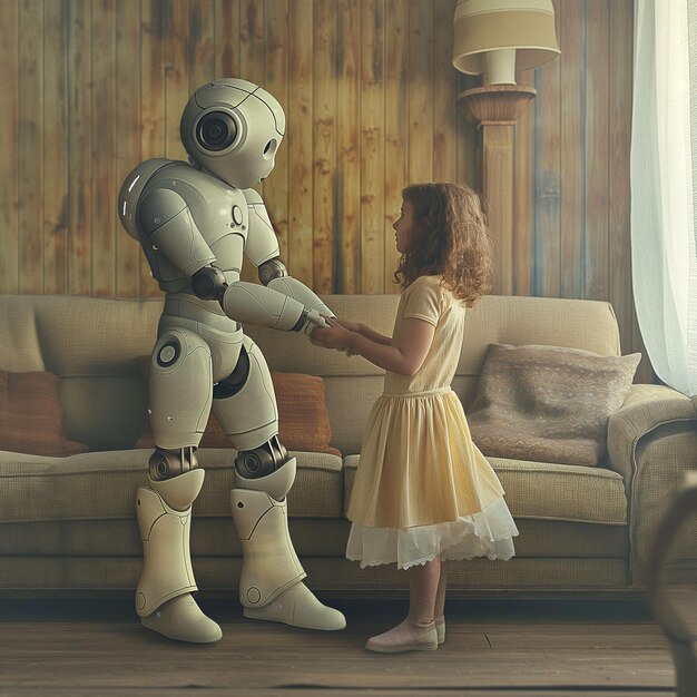 una chica y un robot están de pie frente a un sofá