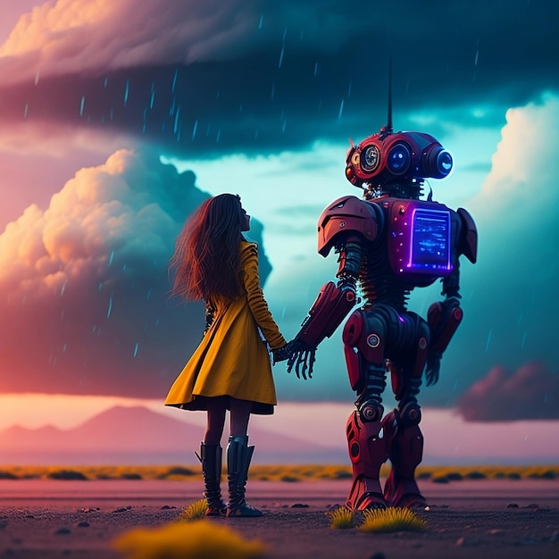 Una chica y un robot están de pie bajo la lluvia y el cielo es una tormenta.