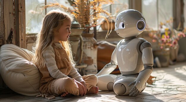 una chica y un robot están sentados en el suelo y uno de ellos lleva un suéter