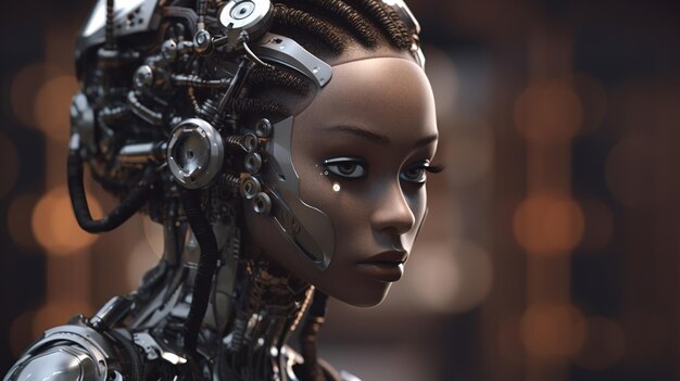 Chica robot humanoide de piel oscura con rostro realista y mecanismos metálicos cerrados