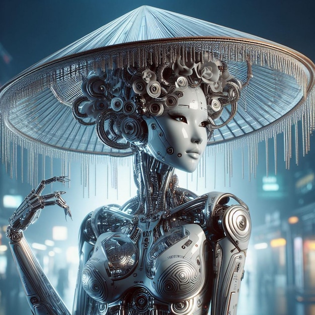 Una chica robótica adornada con un exoesqueleto metálico plateado generado por la IA.