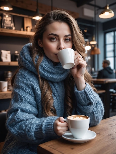 Una chica con ropa de invierno está sentada en una tienda bebiendo café