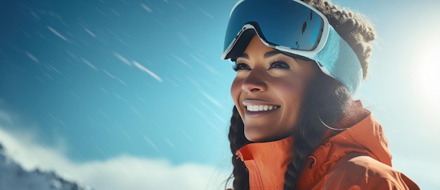 Chica en ropa de snowboard de invierno monta en la pendiente con una sonrisa.