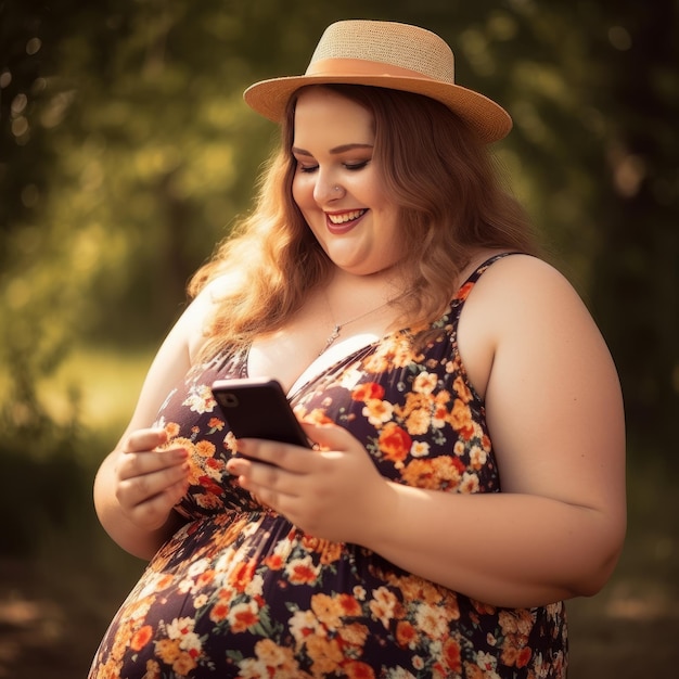 Chica rotunda de verano sonriendo en el teléfono inteligente