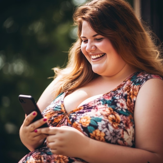 Chica rotunda de verano sonriendo en el teléfono inteligente