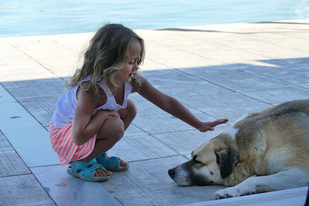 Chica rubia acaricia a un perro