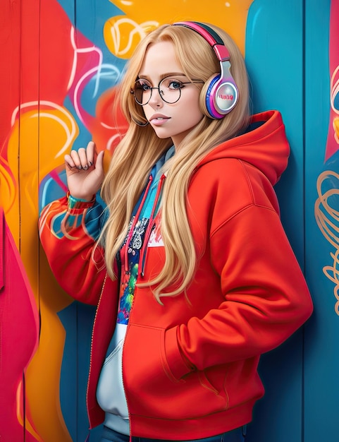 chica rubia con auriculares con sudadera con capucha