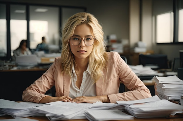 una chica rubia cansada con gafas se sienta en una mesa de oficina