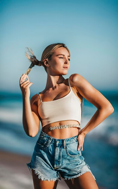 chica rubia con croptop y hotpant