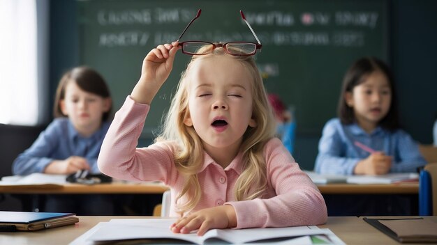 Foto una chica rubia divertida con hermosos ojos azules levantando las copas y bostezando con los ojos cerrados en clase.