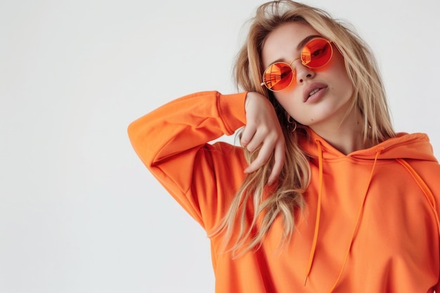 Una chica rubia elegante con una sudadera naranja posando para un retrato de moda