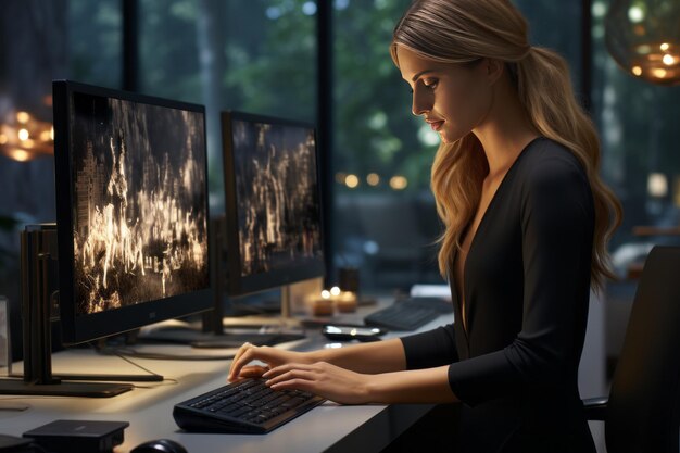 Foto una chica rubia en un escritorio de computadora