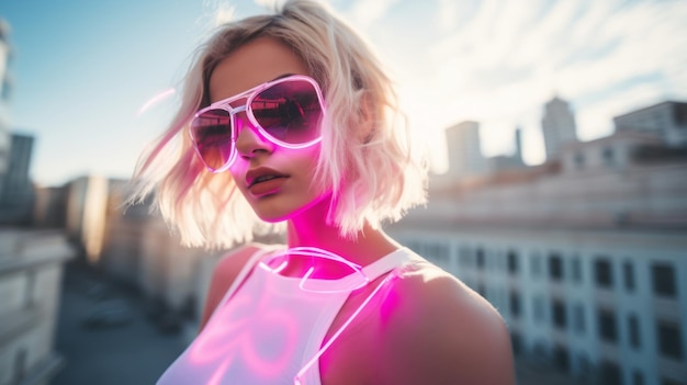 Chica rubia en estilo rosa con paisaje urbano IA generativa