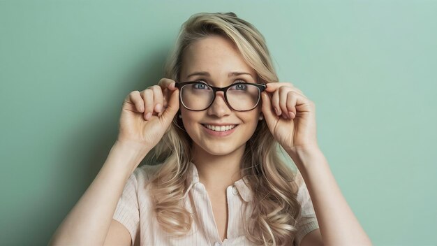 Una chica rubia con gafas y una sonrisa.