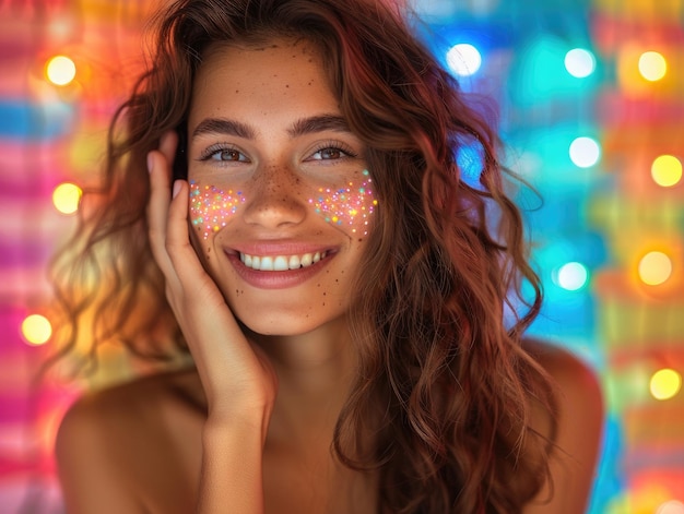 Foto una chica rubia iluminada por luces sonriendo a la cámara