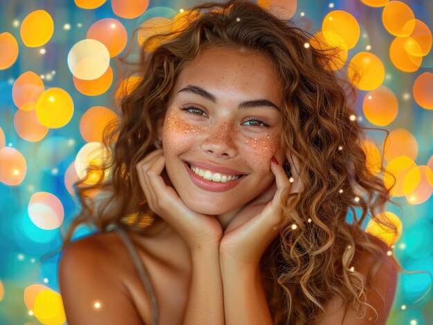 Foto una chica rubia iluminada por luces sonriendo a la cámara