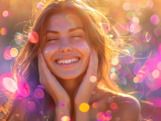 Foto una chica rubia iluminada por luces sonriendo a la cámara