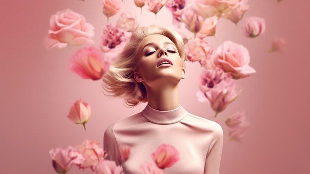 chica rubia de moda en pose de moda joven belleza aislada sobre fondo rosa de lujo AI generativa