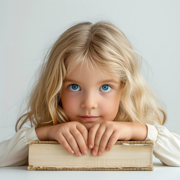 Una chica rubia de ojos azules apoyándose en un libro.