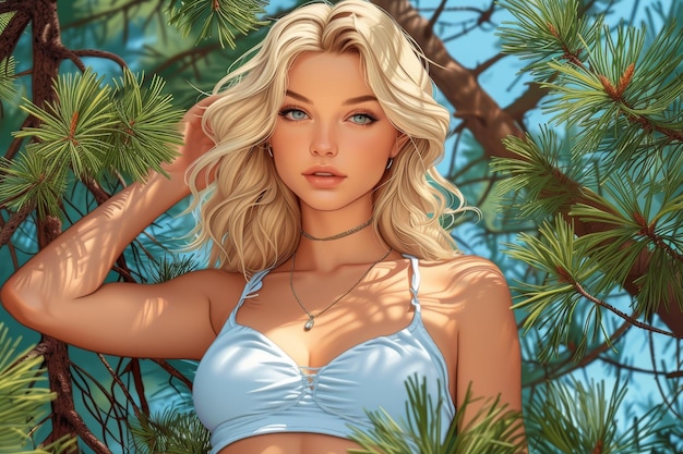 Chica rubia en la playa estilo de dibujos animados verano brillante estilo soleado vacaciones complejo playa bebidas