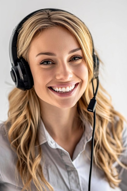 Chica rubia sonriente con auriculares y auriculares sobre fondo blanco.
