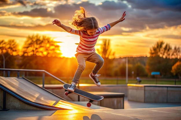 Foto chica saltando en patineta en el parque de patinaje gracioso