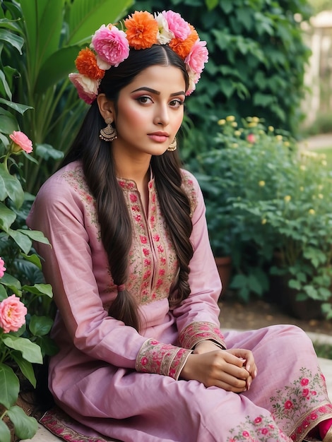 Una chica con un salwar kameez está sentada en un jardín de flores con una gorra de flores en la cabeza
