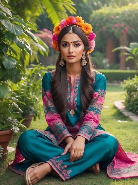 Una chica con un salwar kameez está sentada en un jardín de flores con una gorra de flores en la cabeza