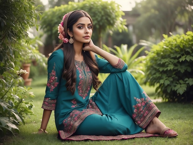 Una chica con un salwar kameez está sentada en un jardín de flores con una gorra de flores en la cabeza