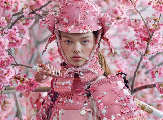 Foto la chica samurái con las flores rosas