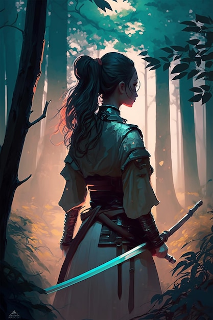 Foto una chica samurai japonesa parada en un bosque oscuro.