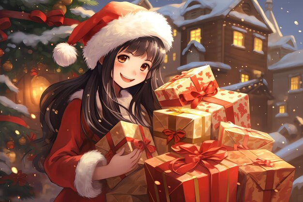 una chica de Santa Claus con un regalo en el estilo de anime