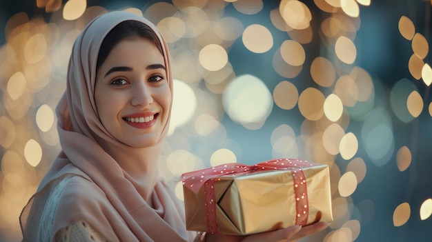 Una chica saudita con el rostro brillante de felicidad mientras sostiene un regalo bellamente envuelto en su ha.