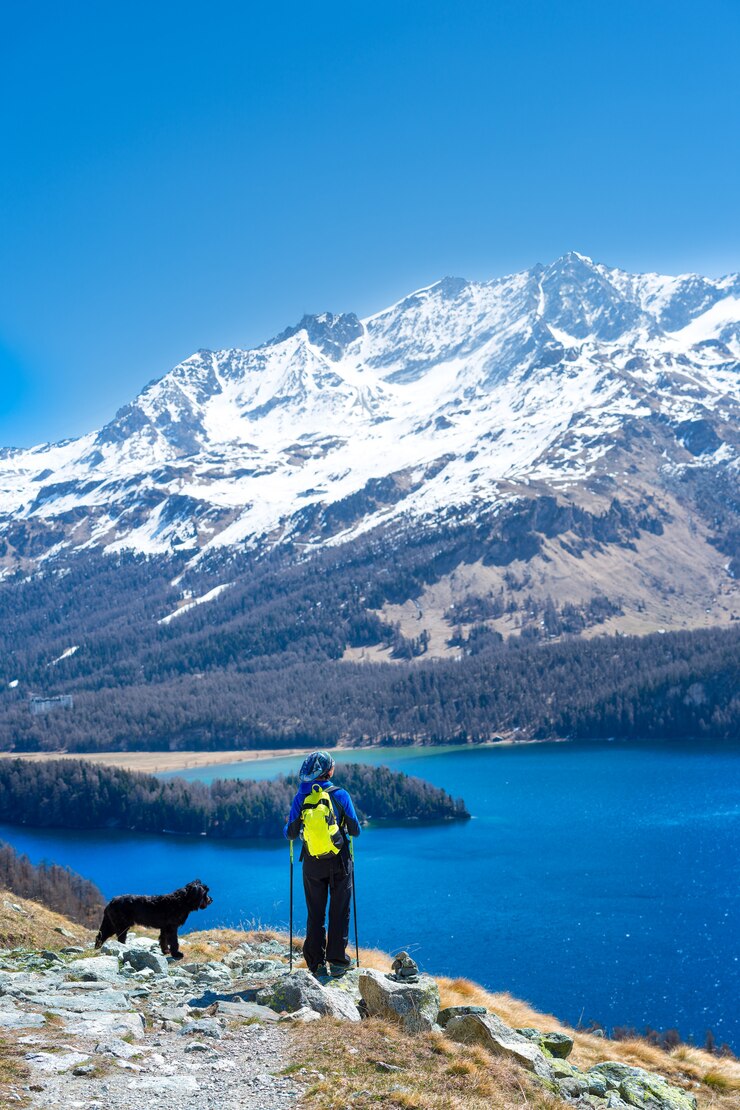 Chica en senderismo de montaña con su fiel perro