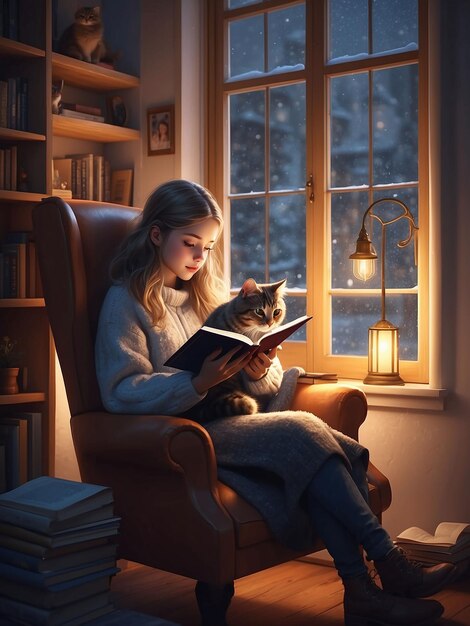 Foto una chica está sentada con un libro en la mano