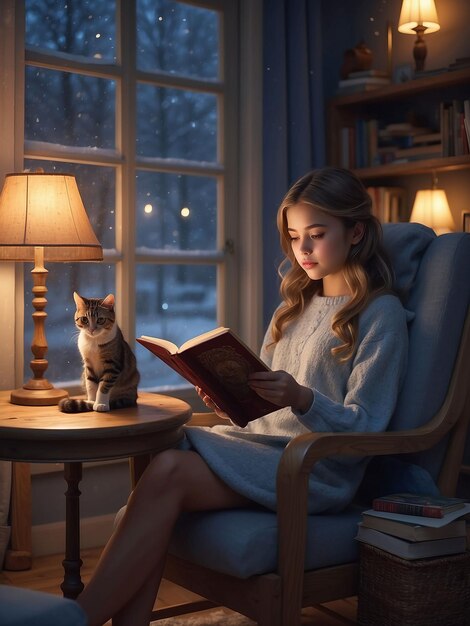 Foto una chica está sentada con un libro en la mano