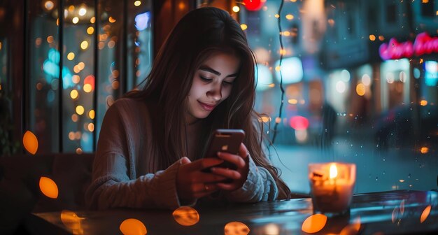 chica sentada en la mesa usando el teléfono