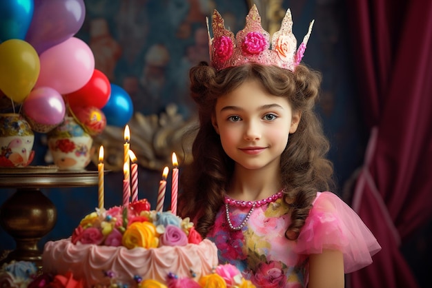 Foto chica sentada en el sofá con un colorido sombrero de cumpleaños y sosteniendo un pastel