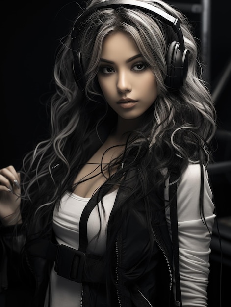 Chica sexy en auriculares en estilo oscuro