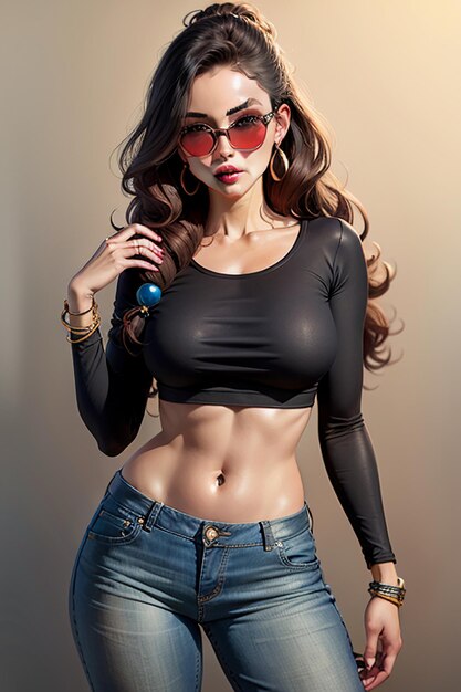 Chica sexy modelo plana con gafas de sol marrones y jeans hermoso fondo de pantalla joven