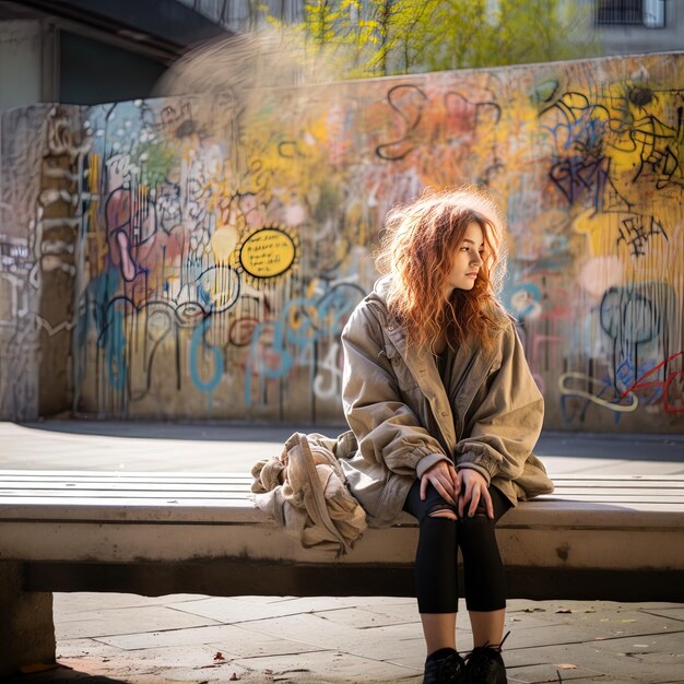 una chica se sienta en un banco con graffiti en él