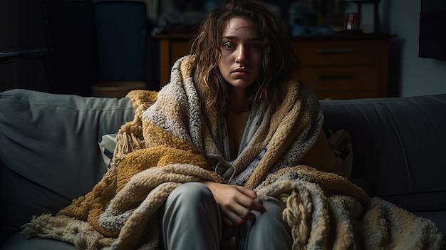 Una chica se sienta envuelta en una manta en una habitación oscura