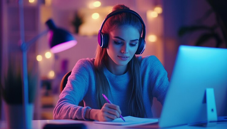 una chica se sienta en un escritorio con auriculares en la cabeza y una computadora portátil delante de ella