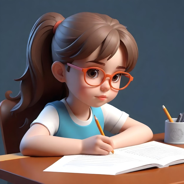 una chica se sienta en un escritorio con un lápiz y un lápic en la mano